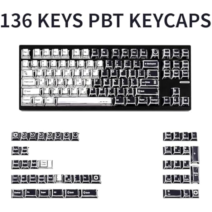 rayihni أغطية مفاتيح بموضوع مانغا باللونين الأسود والأبيض 136 مفتاح، مجموعة أغطية مفاتيح مخصصة من PBT بتقنية صب الصبغة، أغطية مفاتيح بروفايل شيري للوحة مفاتيح 60% 65% 70% 75% 100% مع مفاتيح شيري غاتيرون MX للوحة المفاتيح الميكانيكية - Image 2