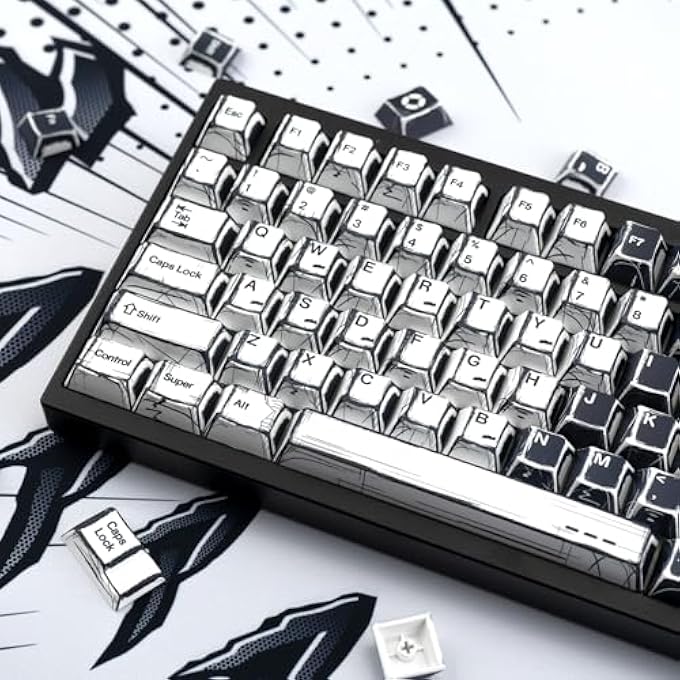 rayihni أغطية مفاتيح بموضوع مانغا باللونين الأسود والأبيض 136 مفتاح، مجموعة أغطية مفاتيح مخصصة من PBT بتقنية صب الصبغة، أغطية مفاتيح بروفايل شيري للوحة مفاتيح 60% 65% 70% 75% 100% مع مفاتيح شيري غاتيرون MX للوحة المفاتيح الميكانيكية - Image 3