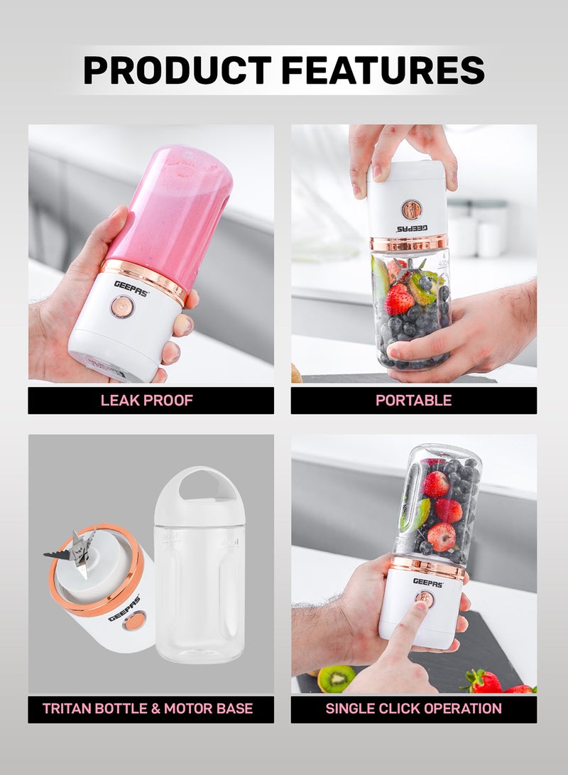 GEEPAS Rechargeable Portable Juicer With Stainless Steel Six Blades, 1 Motor Base, 1 Tritan Bottle, 1 Blade Cover, 1 Bottle Cover, Type C 0.5m  Cable, Safety Protection Switch 420 ml 150 W GSB44058 White - Image 2