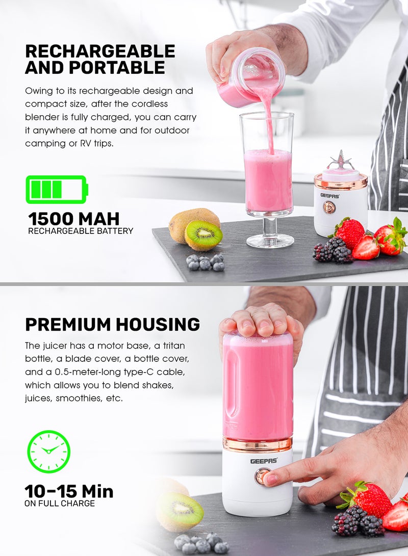 GEEPAS Rechargeable Portable Juicer With Stainless Steel Six Blades, 1 Motor Base, 1 Tritan Bottle, 1 Blade Cover, 1 Bottle Cover, Type C 0.5m  Cable, Safety Protection Switch 420 ml 150 W GSB44058 White - Image 5