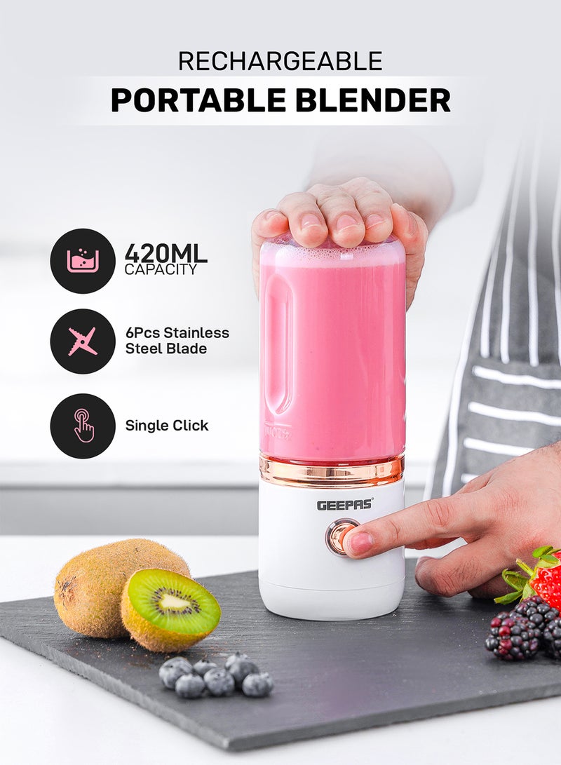 GEEPAS Rechargeable Portable Juicer With Stainless Steel Six Blades, 1 Motor Base, 1 Tritan Bottle, 1 Blade Cover, 1 Bottle Cover, Type C 0.5m  Cable, Safety Protection Switch 420 ml 150 W GSB44058 White - Image 1