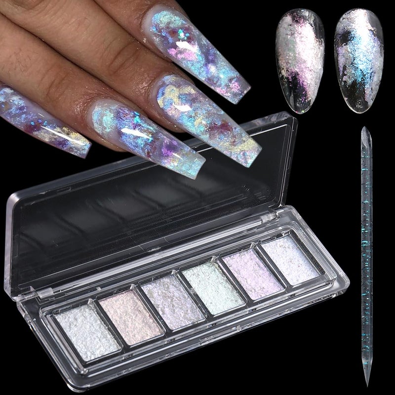 Fcozpjk Iridescent Nail Glitter Set, 6 Colors Mud Texture Aurora Chrome Powder, Pink Blue Pearlescent Glitter, Chameleon Nail Flakes Gold Leaf, Holographic Manicure Decor - Image 1