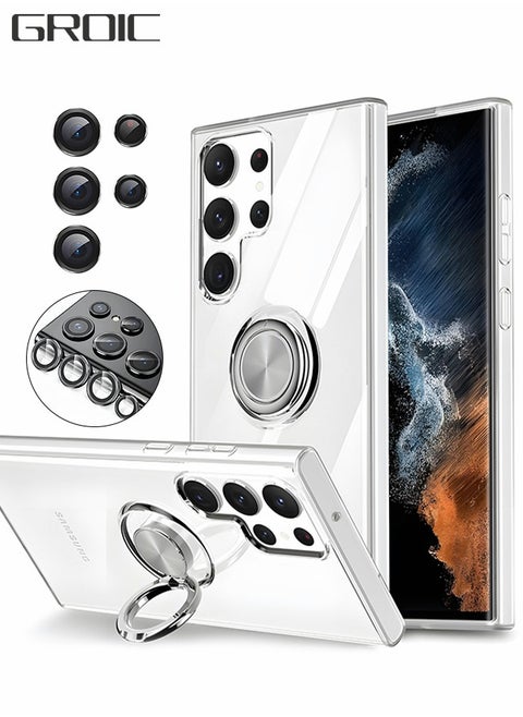 جراب كريستال لهاتف Samsung Galaxy S23 Ultra مقاس 6.8 بوصة مع حامل مغناطيسي [مسند حلقي قابل للدوران 360 درجة] [غير أصفر] غطاء هاتف شفاف رفيع من مادة TPU للحماية ضد الصدمات مع طبقة حماية للكاميرا