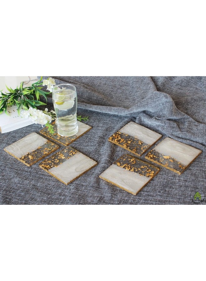 Monstera Hut ® Square Misty White Transy Resin Coaster|(10 cm) | 4 Inch |Set of 6 | Resin Coaster for Tea, Coffee Table & Dining Table with Metal Holder - Image 3