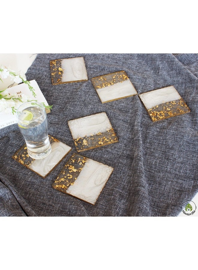 Monstera Hut ® Square Misty White Transy Resin Coaster|(10 cm) | 4 Inch |Set of 6 | Resin Coaster for Tea, Coffee Table & Dining Table with Metal Holder - Image 2