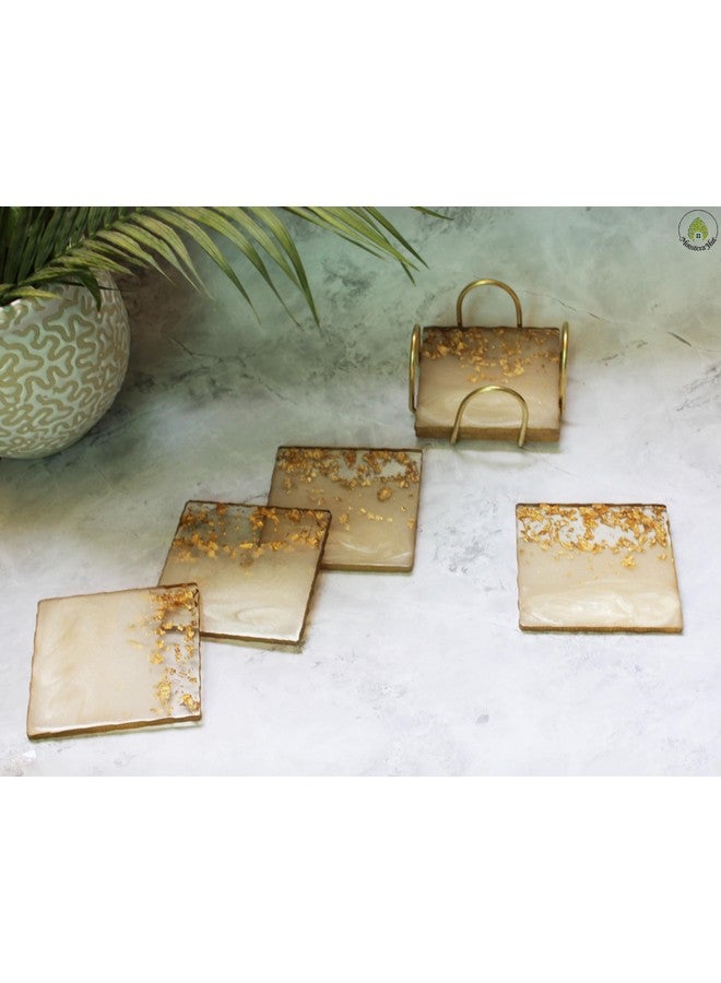 Monstera Hut ® Square Misty White Transy Resin Coaster|(10 cm) | 4 Inch |Set of 6 | Resin Coaster for Tea, Coffee Table & Dining Table with Metal Holder - Image 1