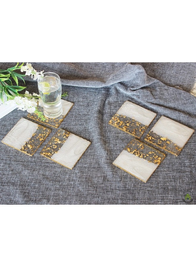 Monstera Hut ® Square Misty White Transy Resin Coaster|(10 cm) | 4 Inch |Set of 6 | Resin Coaster for Tea, Coffee Table & Dining Table with Metal Holder - Image 4