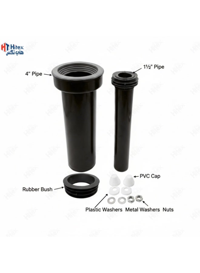هيتكس طقم وصلات مرحاض أسود مستقيم 4 بوصة × 1½ بوصة، طقم أنبوب تصريف المرحاض مع جلبة مطاطية، صامولة، غسالة معدنية وبلاستيكية، غطاء بلاستيكي - وصلة تصريف حمام متينة (1) - Image 4