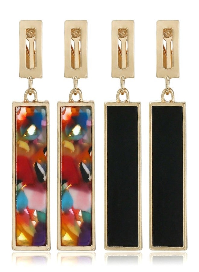 Bmpzery 2 Pairs Clip on Dangle Earrings for Women - Geometric Rectangular Non Pierced Earrings Vintage Resin Clip On Earring Gold Lightweight Comfortable Earring Set No Piercing Needed - Image 1