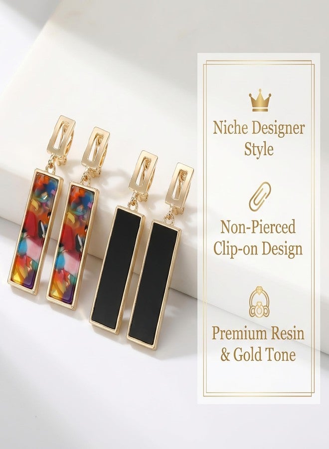 Bmpzery 2 Pairs Clip on Dangle Earrings for Women - Geometric Rectangular Non Pierced Earrings Vintage Resin Clip On Earring Gold Lightweight Comfortable Earring Set No Piercing Needed - Image 4