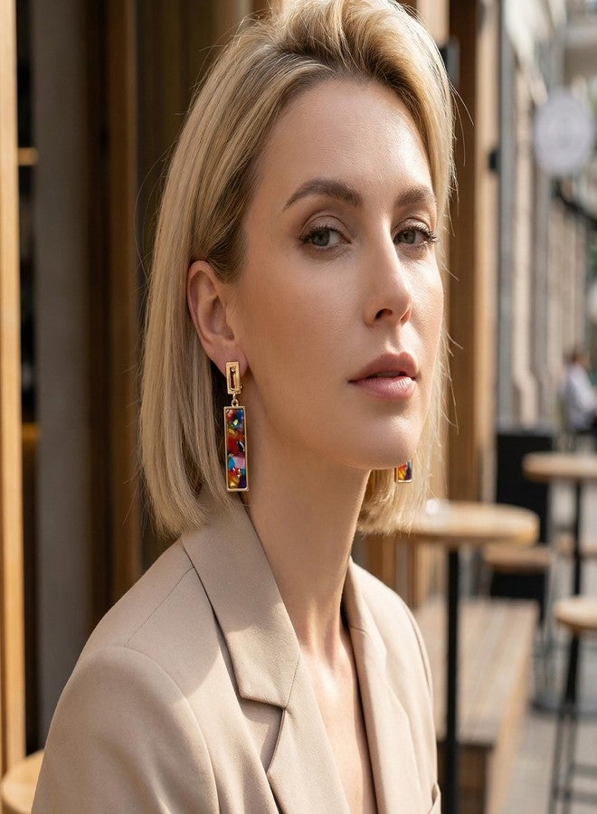Bmpzery 2 Pairs Clip on Dangle Earrings for Women - Geometric Rectangular Non Pierced Earrings Vintage Resin Clip On Earring Gold Lightweight Comfortable Earring Set No Piercing Needed - Image 3