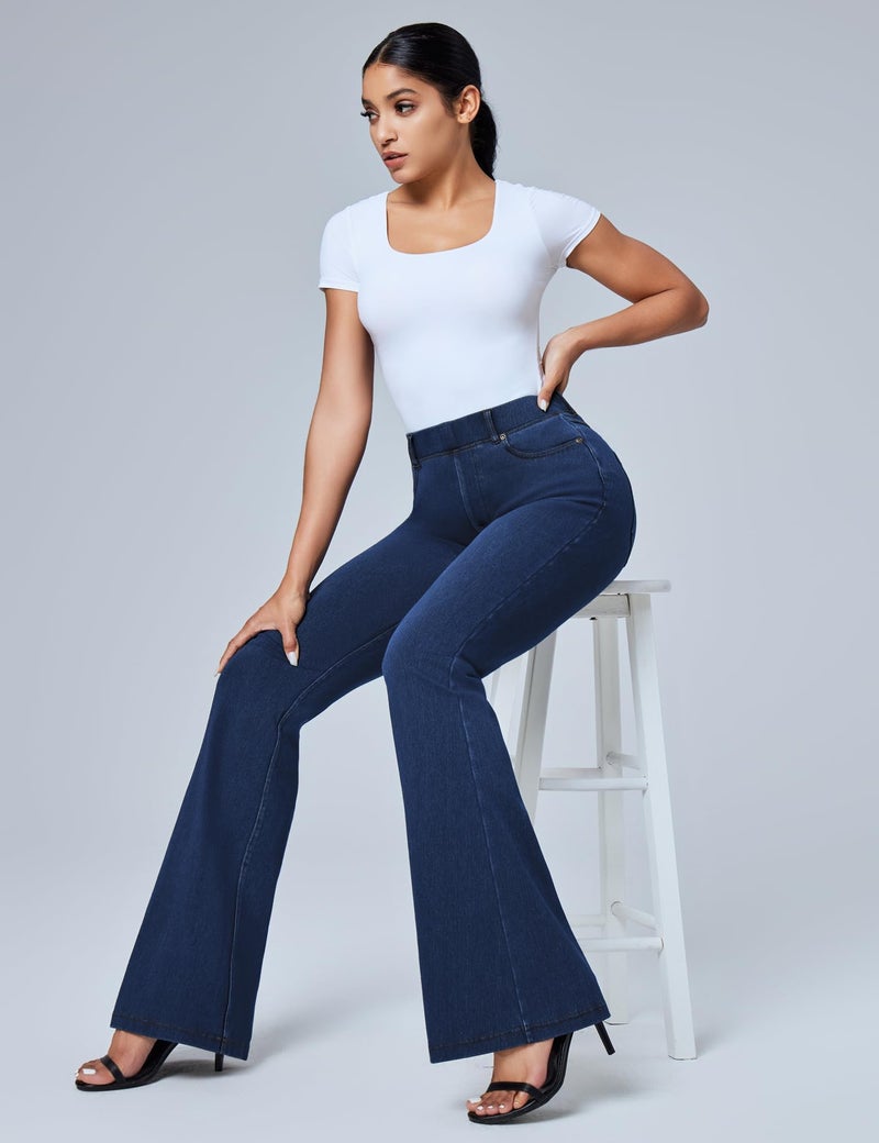 IUGA Bell Bottom Jeans for Women High Waisted Stretchy Pull On Sweatpant Jeans Women Flare Leggings Tummy Control Flare Pants Dark Blue - Image 3