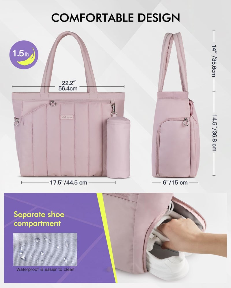Movker Quilted Tennis Tote Bag for Women Gym Duffle Bag with Shoe Compartment & Wet Pocket Fits 2-4 Rackets and 15.6" Laptop Overnight Weekend Sports Bag with Fence Hook(Pink) - Image 3