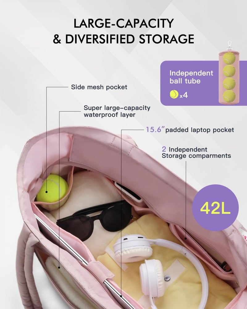 Movker Quilted Tennis Tote Bag for Women Gym Duffle Bag with Shoe Compartment & Wet Pocket Fits 2-4 Rackets and 15.6" Laptop Overnight Weekend Sports Bag with Fence Hook(Pink) - Image 4