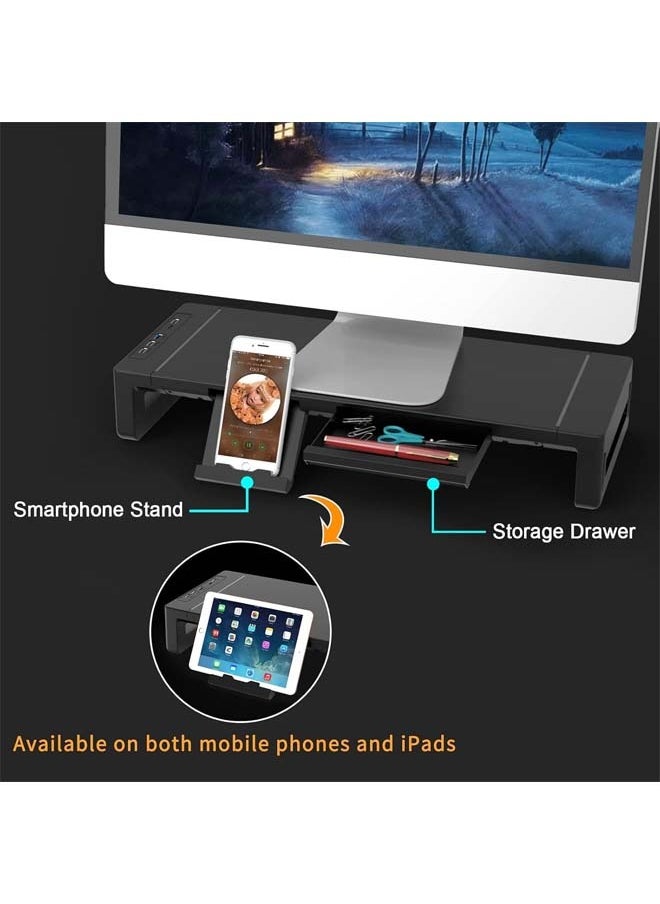 L&E Monitor Stand Riser, Foldable Computer Monitor Stand for Desk with USB 3.0 and Charging Port, Laptop Desk Shelf & Monitor Riser with Storage Drawer and Tablet Phone Hold  - Image 3