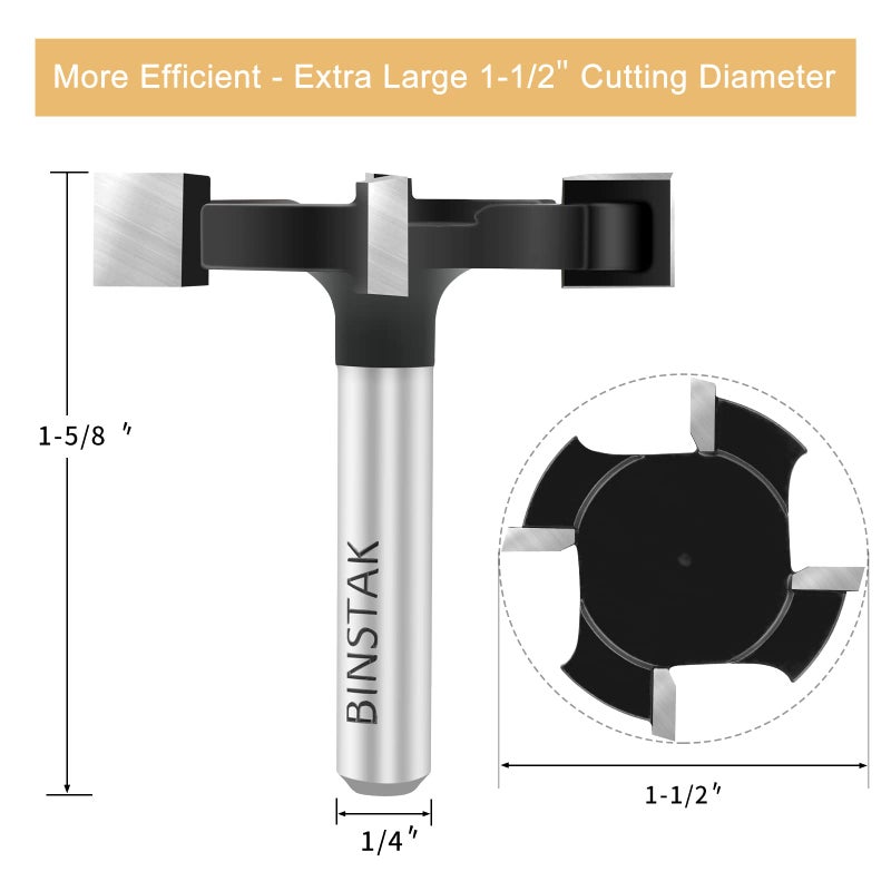Binstak Cnc Spoilboard Surfacing Router Bit 1/4 Inch Shank  Extra Large 1-1/2 Inch Cutting Diameter  Slab Flattening Router Bit Planing Bit Wood Planing Bit Dado Planer Bit(Carbide-4 Wings) - Image 2