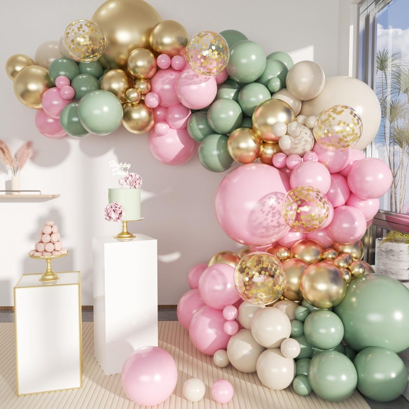 MEBAY Sage Green Pink Gold Balloon Arch Kit, 141Pcs Sage Green Pastel Pink Chrome Gold Sand White Latex Balloons for Birthday Wedding Baby Shower Gender Reveal Anniversary - Image 1