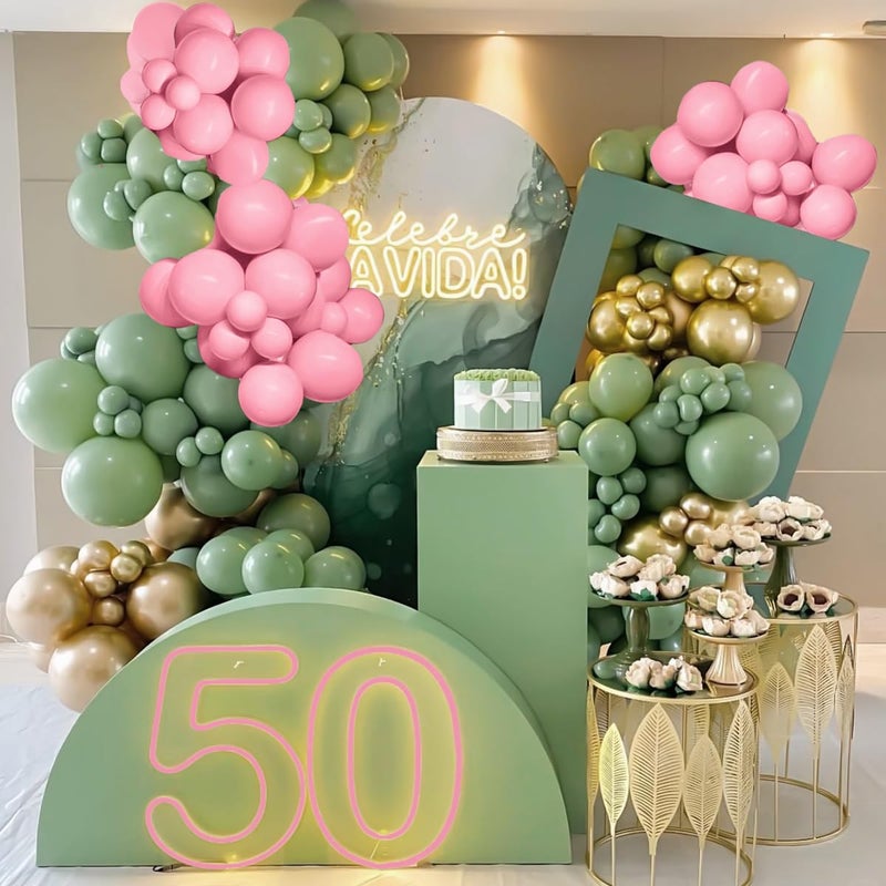 MEBAY Sage Green Pink Gold Balloon Arch Kit, 141Pcs Sage Green Pastel Pink Chrome Gold Sand White Latex Balloons for Birthday Wedding Baby Shower Gender Reveal Anniversary - Image 4