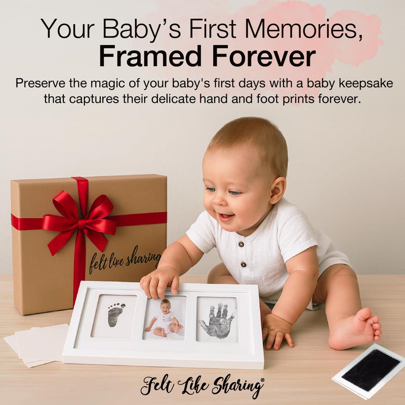 Felt Like Sharing My Tiny Prints Newborn Baby Handprint and Footprint Kit - Photo Keepsake Frame with Ink Pad for Baby Hand and Footprints - Great New Parent Present - 17” L x 9.5” H (Gray) - Image 2