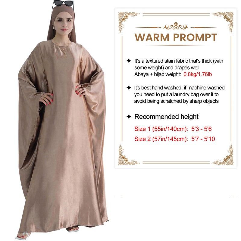 khalat Abaya Muslim Dress Women Satin Prayer Dress Batwing Long Sleeve Middle East Arabian Robe with Hijab Beige - Image 3