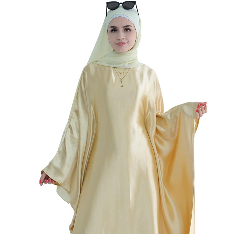 khalat Abaya Muslim Dress Women Satin Prayer Dress Batwing Long Sleeve Middle East Arabian Robe with Hijab Beige - Image 4