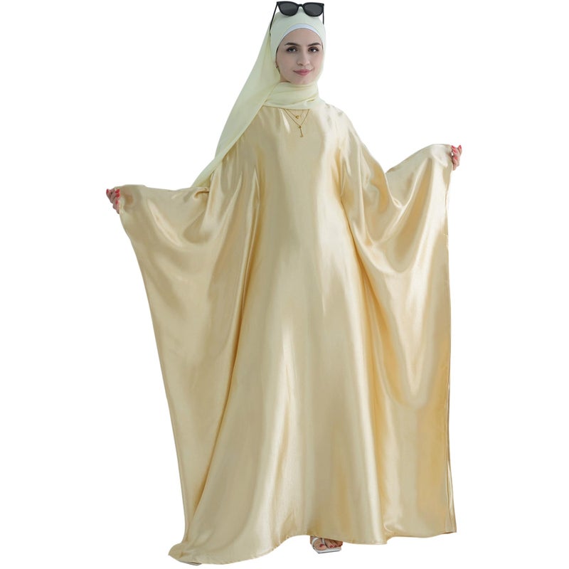 khalat Abaya Muslim Dress Women Satin Prayer Dress Batwing Long Sleeve Middle East Arabian Robe with Hijab Beige - Image 2