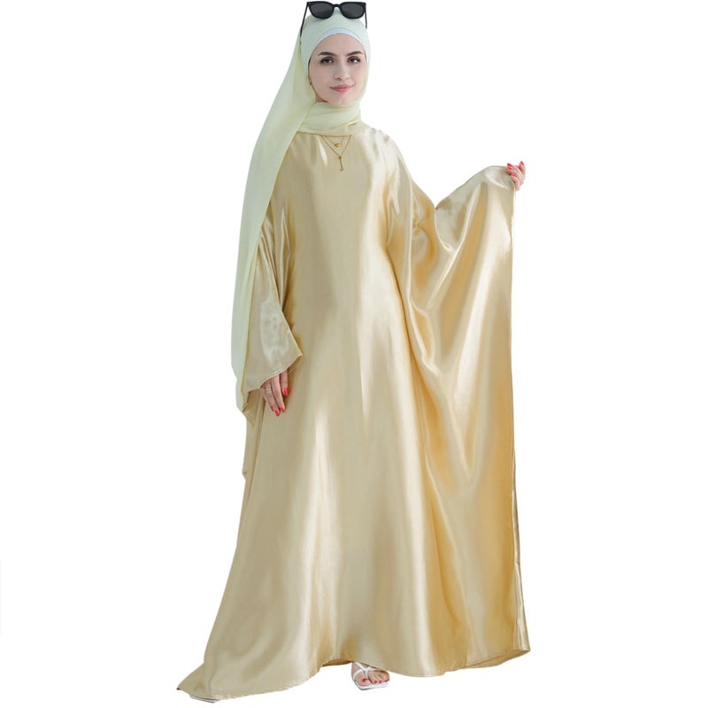 khalat Abaya Muslim Dress Women Satin Prayer Dress Batwing Long Sleeve Middle East Arabian Robe with Hijab Beige - Image 1