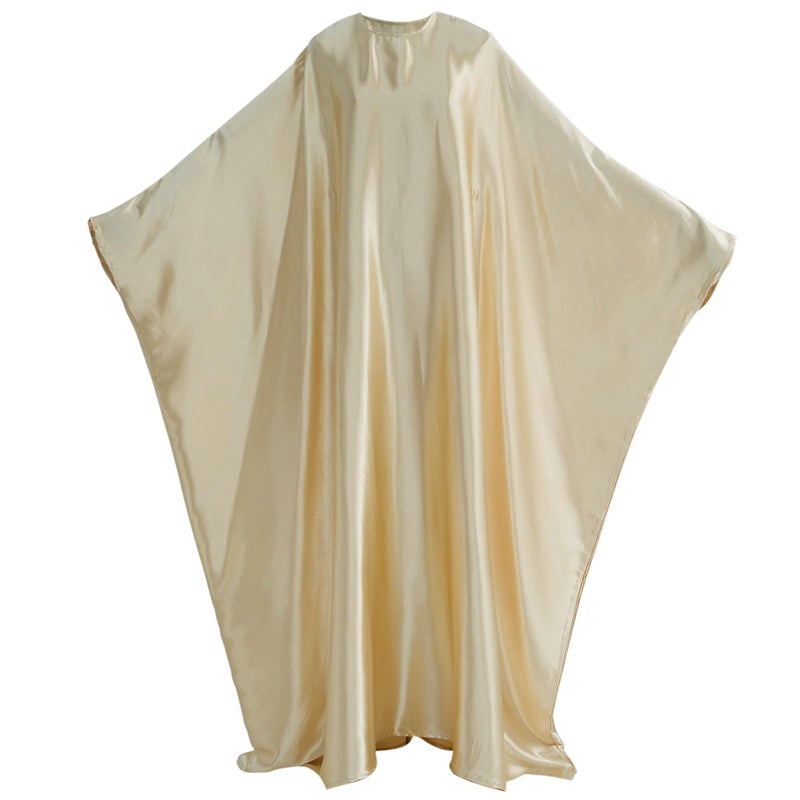 khalat Abaya Muslim Dress Women Satin Prayer Dress Batwing Long Sleeve Middle East Arabian Robe with Hijab Beige - Image 5