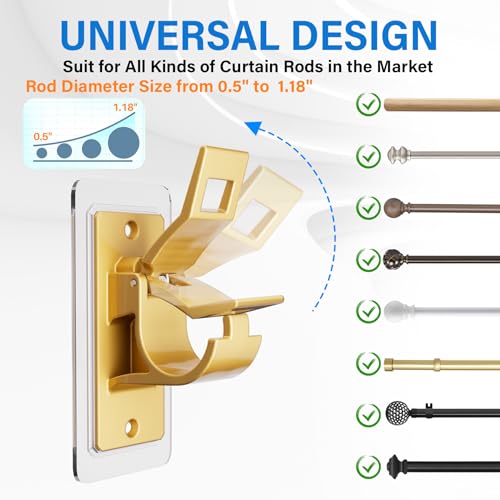 Antimbee 6PCS Self Adhesive Curtain Rod Bracket, No Drilling Curtain Rod Holders, 20lbs Load Capacity Golden Hangers for Dorm, Bathroom, Living Room, Kitchen - Image 2