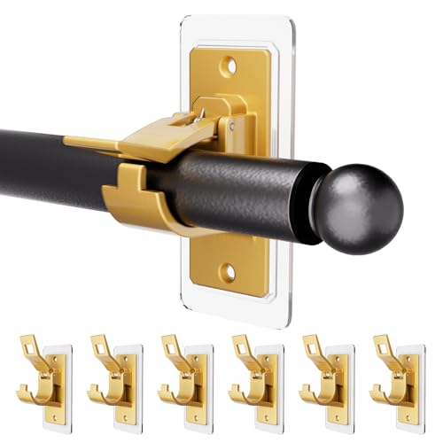 Antimbee 6PCS Self Adhesive Curtain Rod Bracket, No Drilling Curtain Rod Holders, 20lbs Load Capacity Golden Hangers for Dorm, Bathroom, Living Room, Kitchen - Image 1