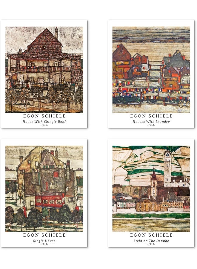 Home Trove Berkin Arts Wall Art Unframed Prints Giclee Art Paper Set of 4, 8x10 inch Landscape Artwork, Bedroom Decoration Brown Abstract Antique Illustrations Geometric House Egon Schiele Paintings - Image 1