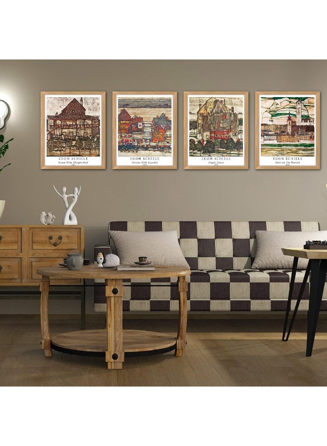 Home Trove Berkin Arts Wall Art Unframed Prints Giclee Art Paper Set of 4, 8x10 inch Landscape Artwork, Bedroom Decoration Brown Abstract Antique Illustrations Geometric House Egon Schiele Paintings - Image 3