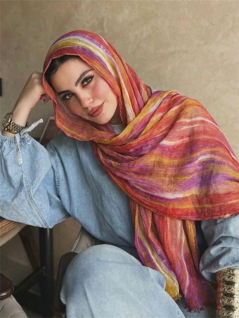 New Viscose Scarf Gradient Tie-Dye Stripe Headscarf Retro Versatile Printed Women's Pleated Shawl