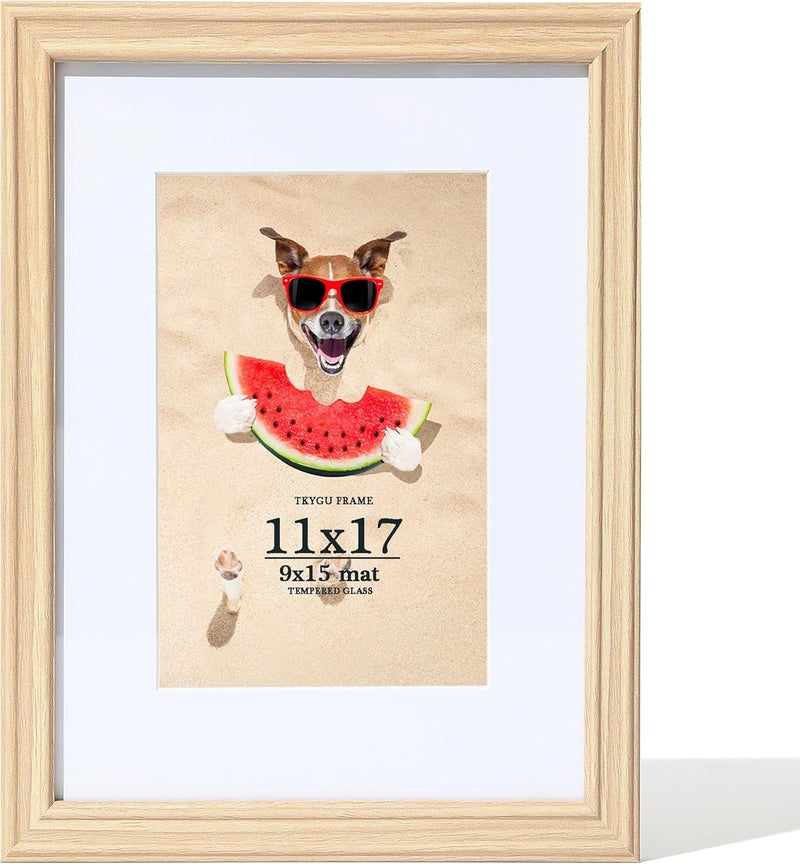 TKYGU إطار صور 11x17 للحائط، إطار خشبي طبيعي 11 × 17 إطار صور ملصق بزجاج حقيقي، عرض صور 9x15 مع حاشية أو 11 × 17 بدون، إطار فني، مثالي للهدايا المنزلية - Image 1