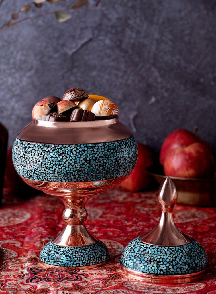 Aghajani Handcrafted Antique Turquoise and Copper Candy Dish Bowl with Lid, 22cm Vintage-Inspired Home Decor - Image 1