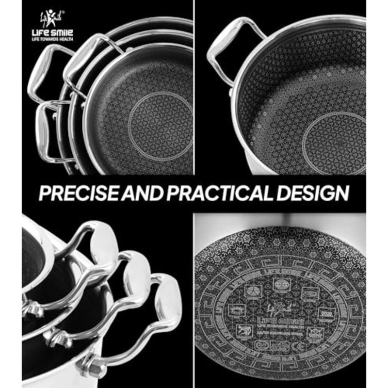 Hybrid Stainless Steel Cookware Set 6 Pieces, Non-Stick Interlocking Pattern, Induction Compatible, 304 Stainless Steel Interior, Multi-Size Pots and Saucepan, Premium Quality, Durable - Image 5