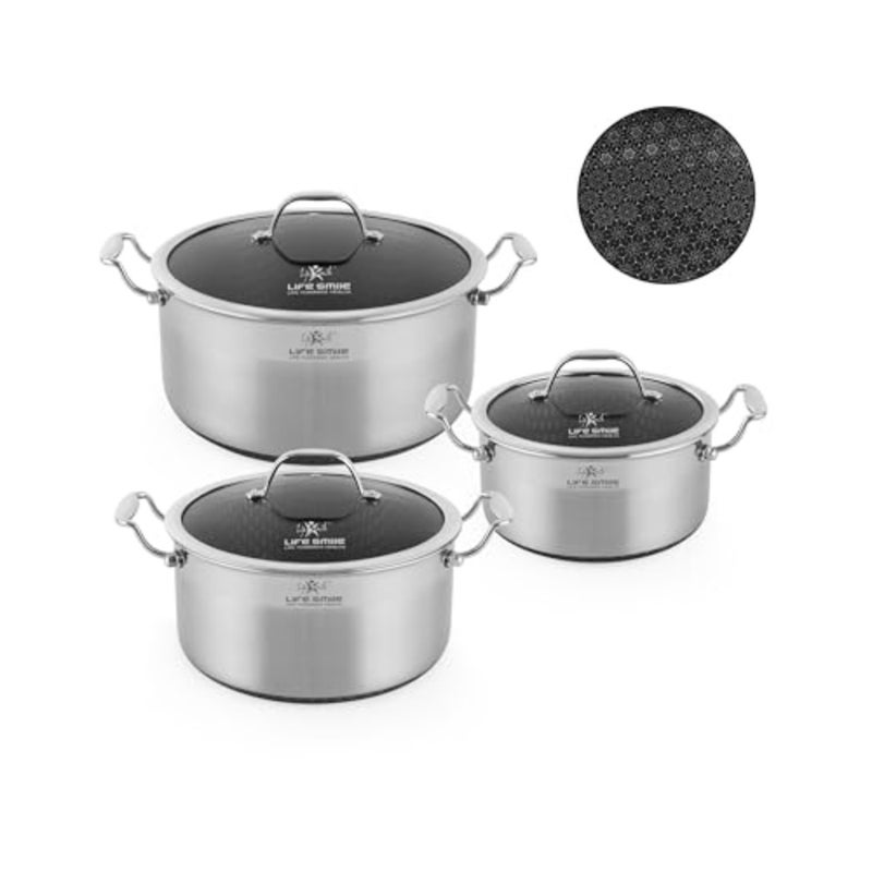 Hybrid Stainless Steel Cookware Set 6 Pieces, Non-Stick Interlocking Pattern, Induction Compatible, 304 Stainless Steel Interior, Multi-Size Pots and Saucepan, Premium Quality, Durable - Image 1