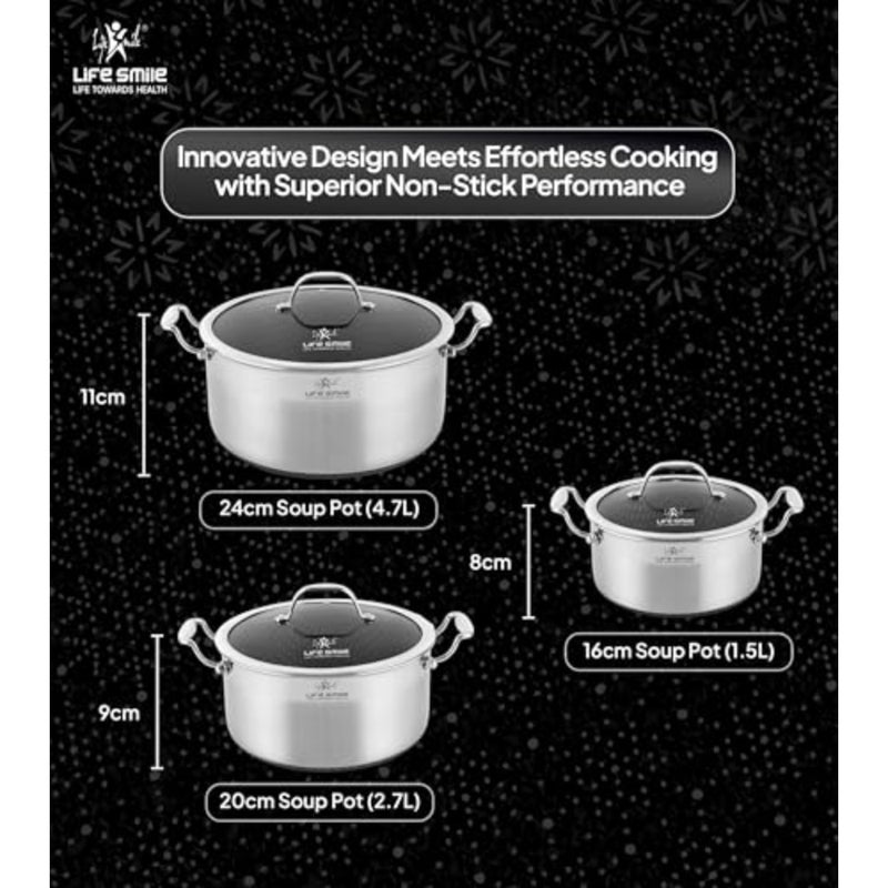 Hybrid Stainless Steel Cookware Set 6 Pieces, Non-Stick Interlocking Pattern, Induction Compatible, 304 Stainless Steel Interior, Multi-Size Pots and Saucepan, Premium Quality, Durable - Image 3
