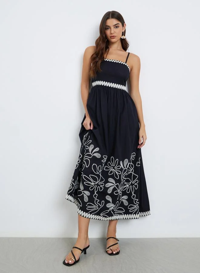 Styli Styli Black Embroidered Strappy Maxi Dress