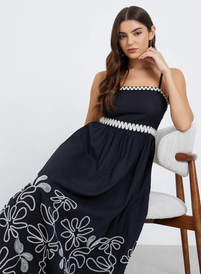 Styli Styli Black Embroidered Strappy Maxi Dress