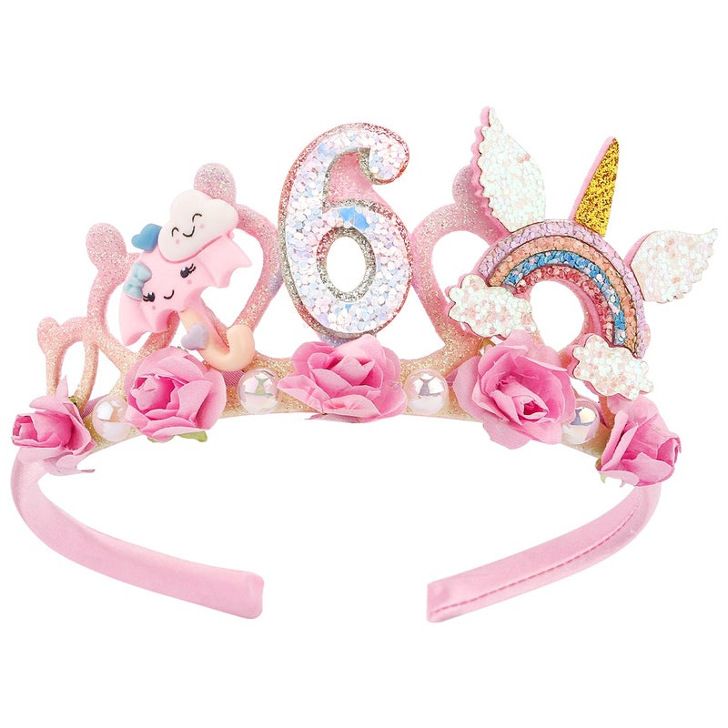SuPoo 6th Birthday Headband Flower Crown for Girls Princess Tiara Decorations Hair Band Cute 6 Year Old Party Accessory - Image 1