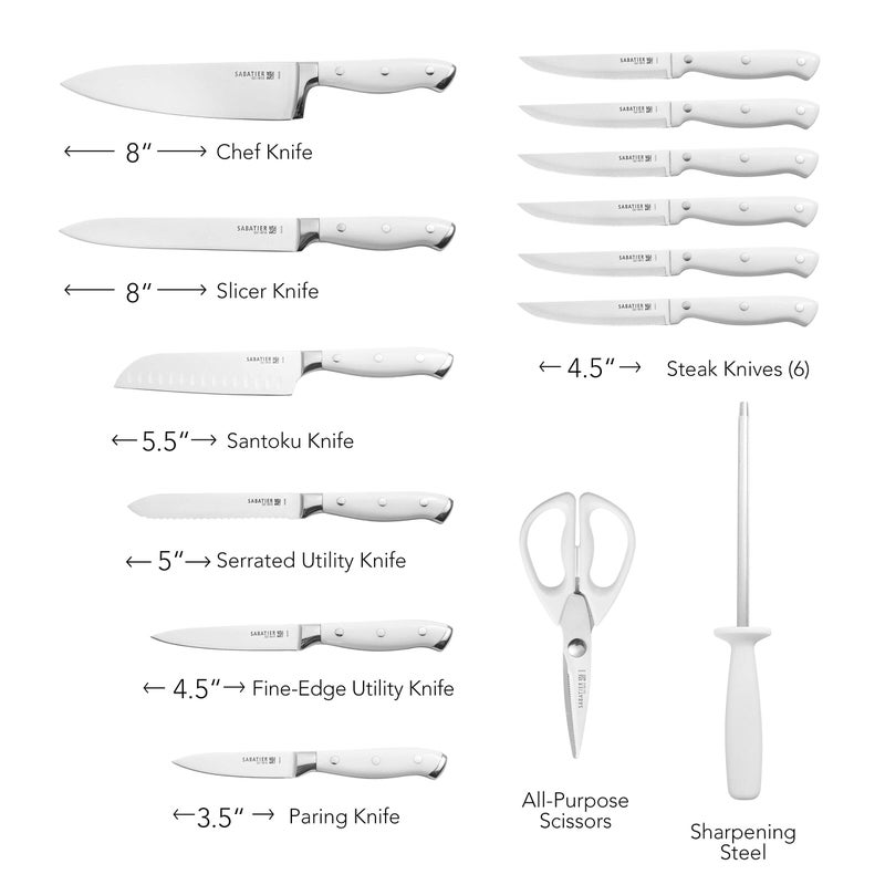 Sabatier 15-Piece Forged Triple Rivet Knife Block Set, High-Carbon Stainless Steel Kitchen Knives, Razor-Sharp Knife set with Acacia Wood Block, White Handles - Image 4