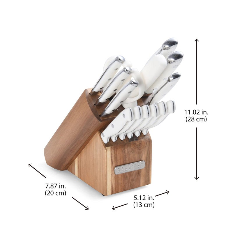 Sabatier 15-Piece Forged Triple Rivet Knife Block Set, High-Carbon Stainless Steel Kitchen Knives, Razor-Sharp Knife set with Acacia Wood Block, White Handles - Image 3