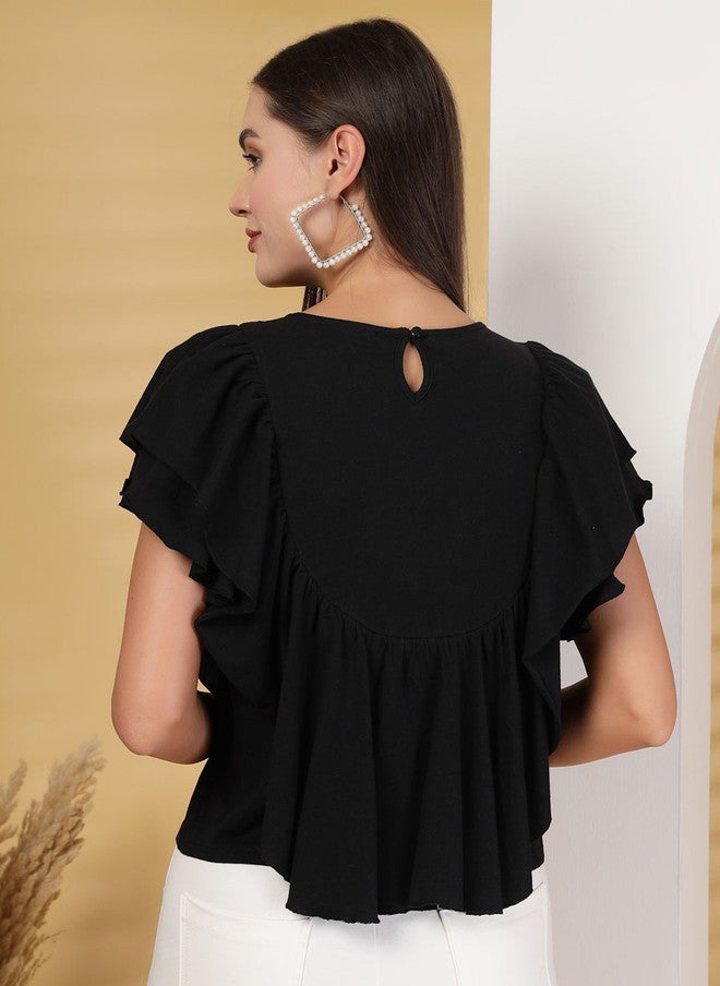 Pretilly Flutter Sleeve Black Cotton Top for Women - Image 5