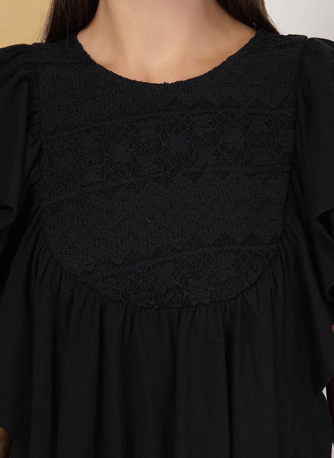 Pretilly Flutter Sleeve Black Cotton Top for Women - Image 2