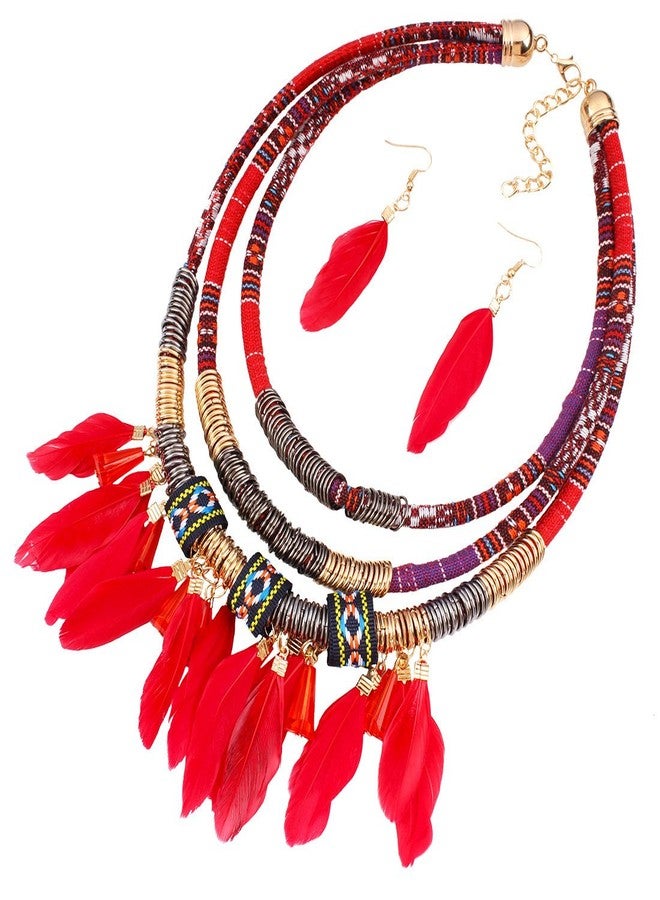 HENGYID African Style Necklace Multi-Layer Alloy Feather Fringed Necklace Earrings Set (RED) - Image 1
