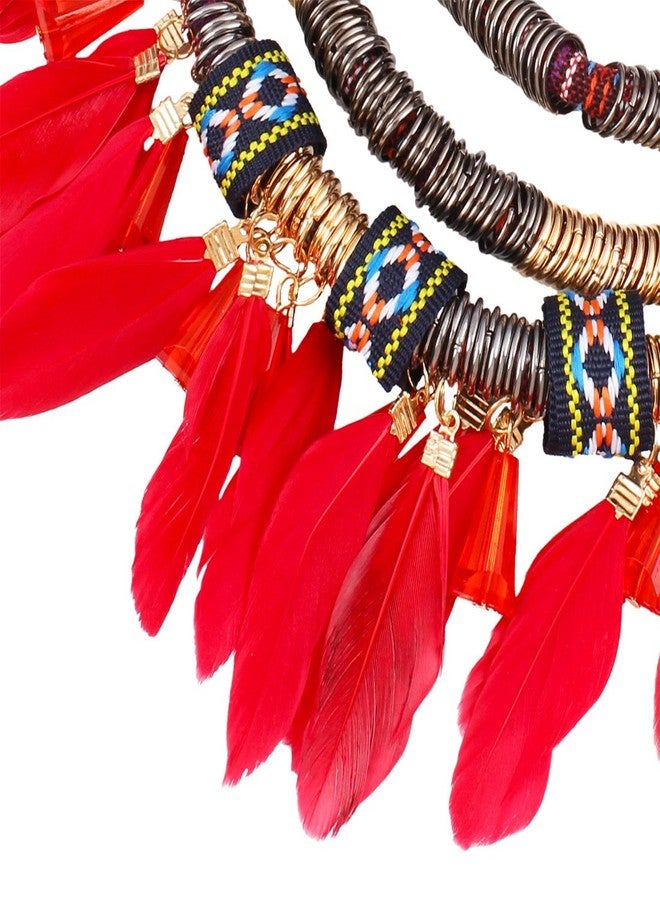 HENGYID African Style Necklace Multi-Layer Alloy Feather Fringed Necklace Earrings Set (RED) - Image 4