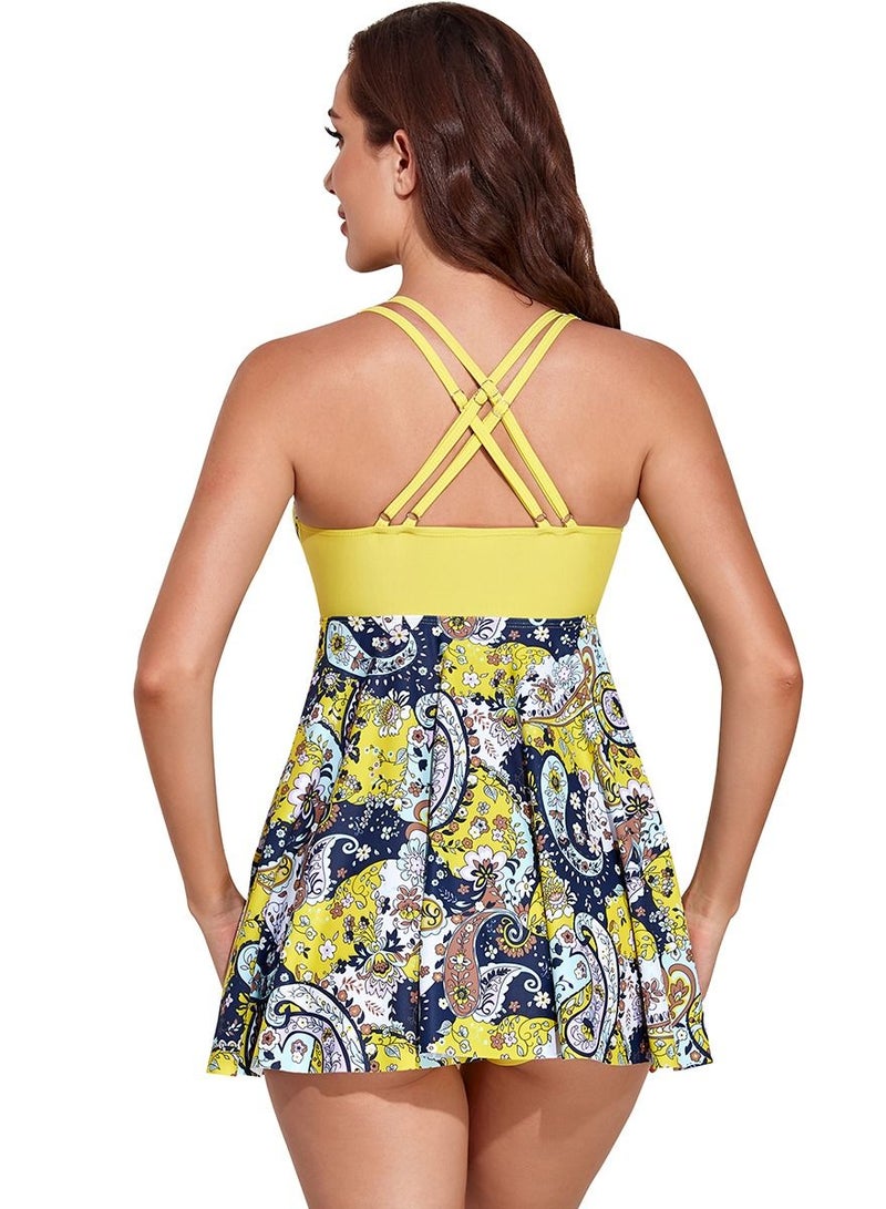 Loquat Skirt Style Split Bikini Printed Pattern Swimsuit Female Yellow - Image 3