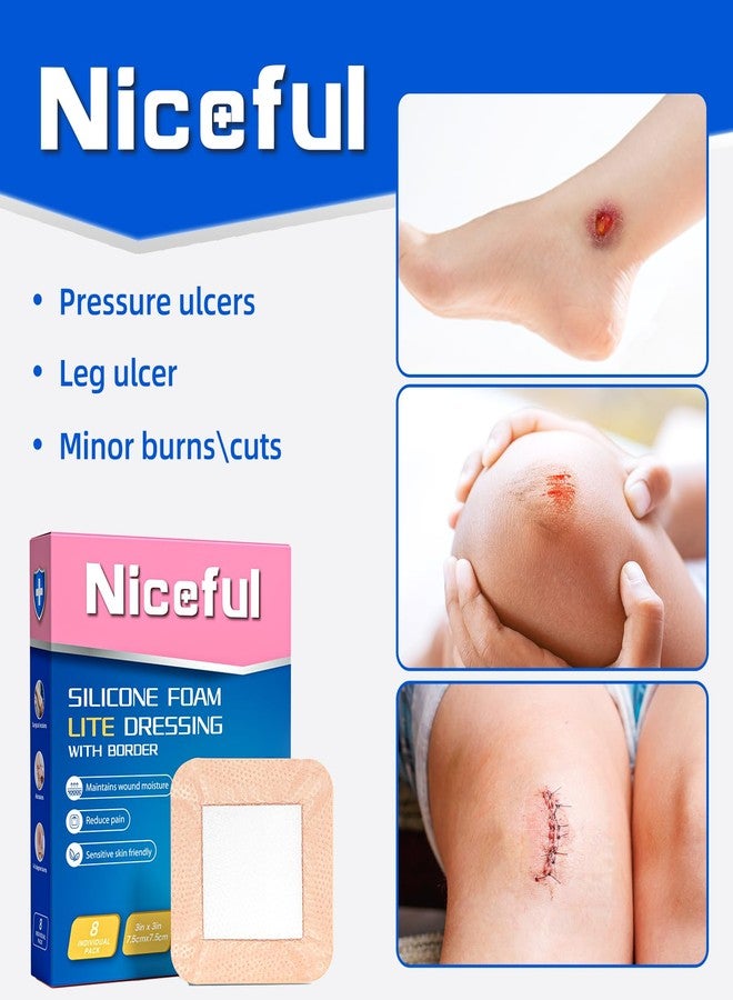 Niceful Silicone Foam Lite Dressing for Sensitive Skin 3"x3" (8 Count)– Medical Grade Ultra Soft Large Waterproof Bandages for Minor Surgical Incisions, Abrasions and Blisters - Image 2