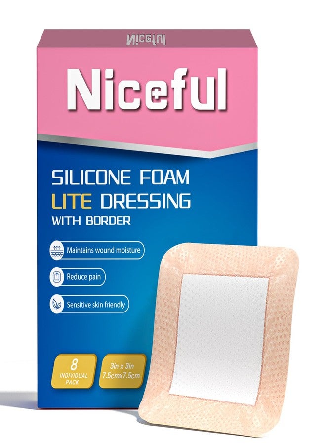 Niceful Silicone Foam Lite Dressing for Sensitive Skin 3"x3" (8 Count)– Medical Grade Ultra Soft Large Waterproof Bandages for Minor Surgical Incisions, Abrasions and Blisters - Image 1